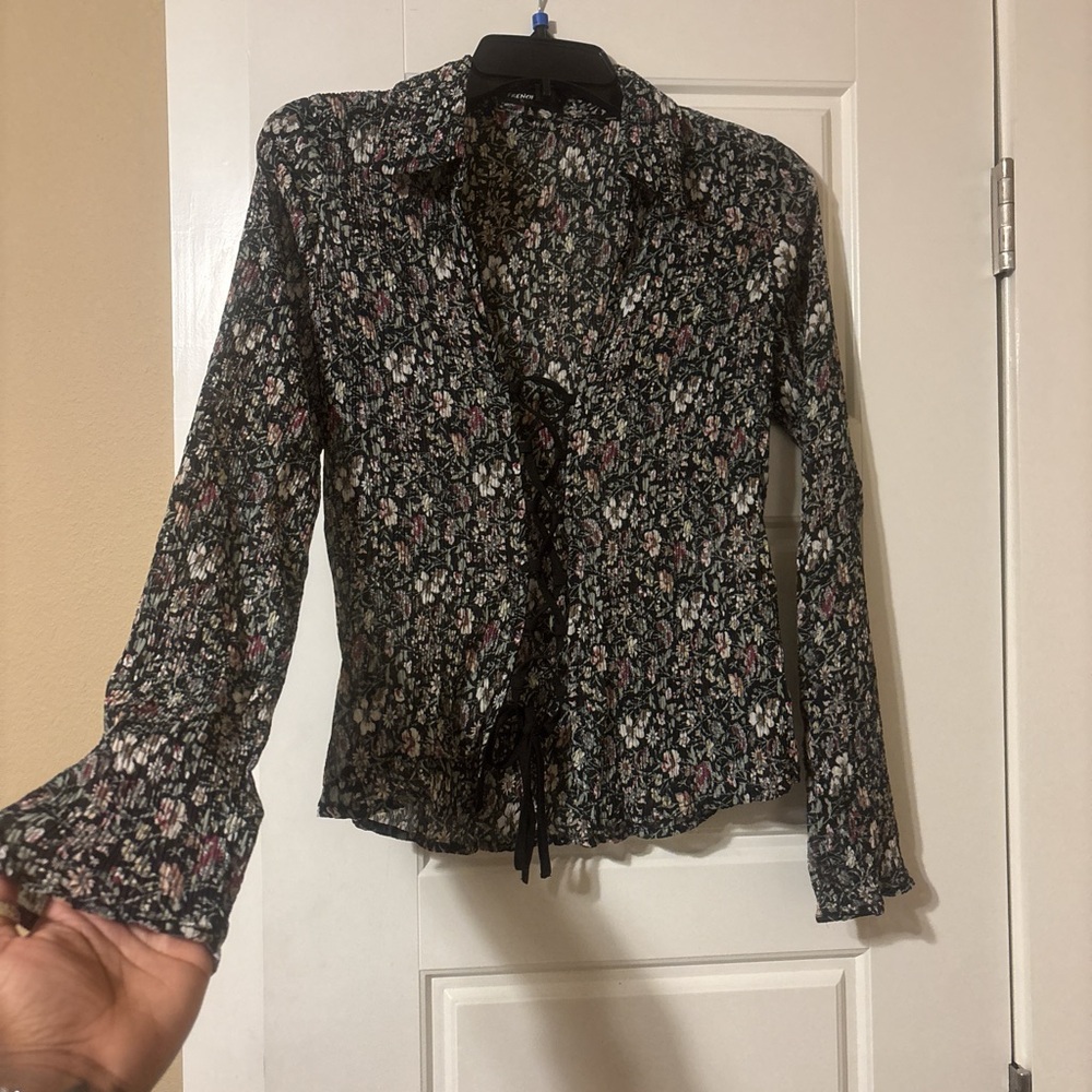 French Kiss Black and White Tie Front Button Down Shirt